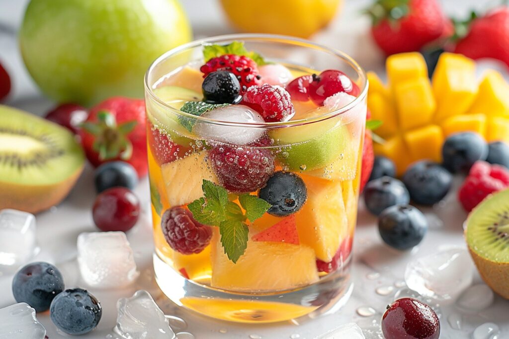 A vibrant fruit cocktail with fresh strawberries, kiwi, pineapple, and mint served in a glass bowl.