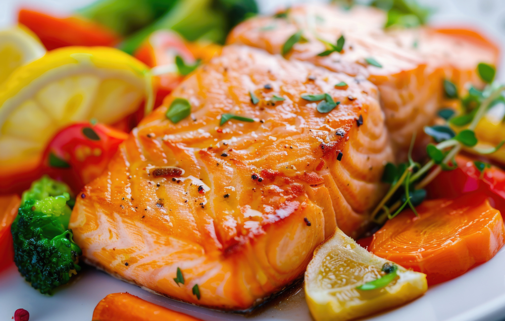 Fresh pink salmon fillet on a wooden board with lemon slices, dill, and spices, ready for cooking.
