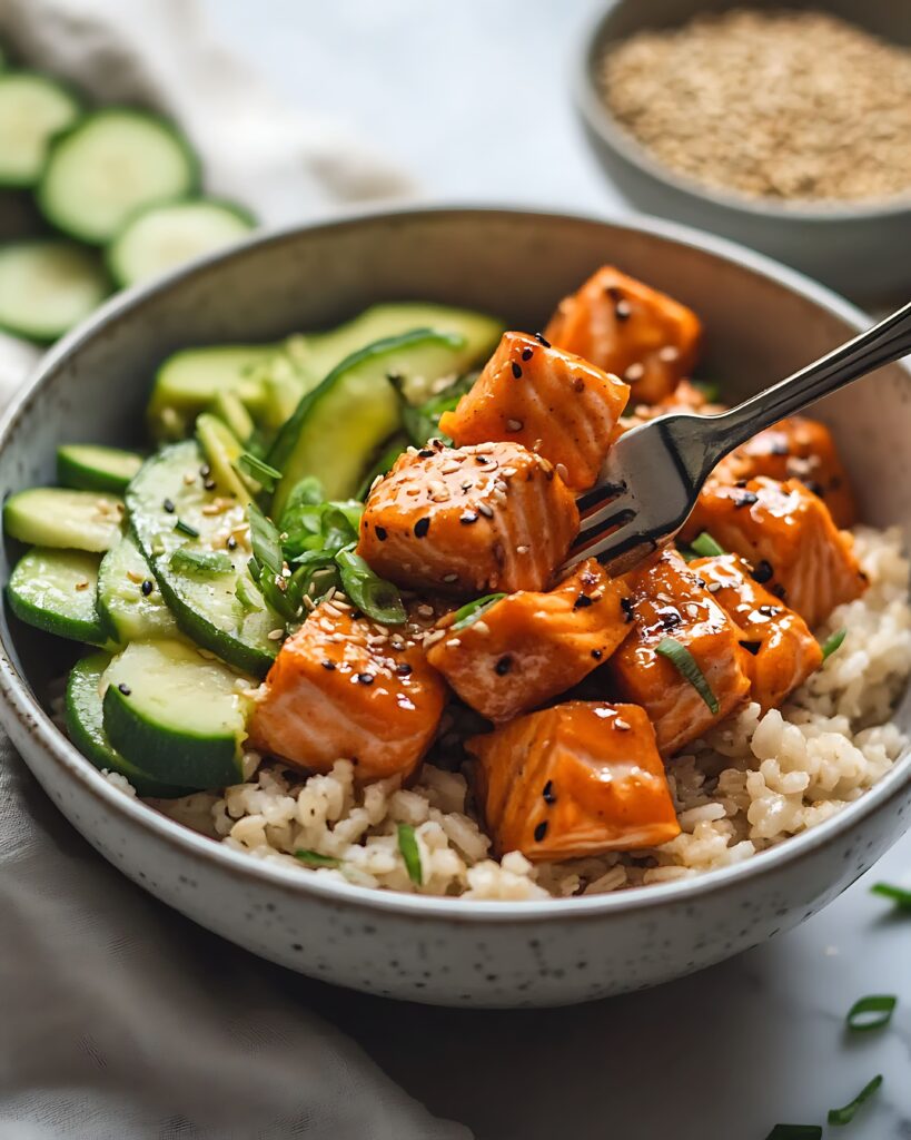 A vibrant salmon rice bowl topped with avocado slices, shredded carrots, cucumbers, and a drizzle of soy sauce, served in a white ceramic bowl.