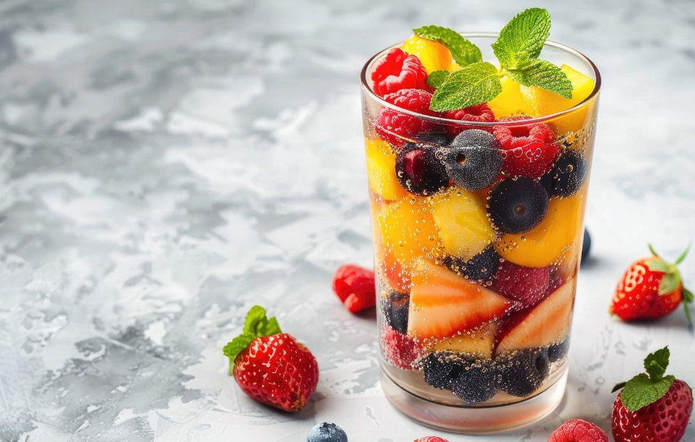 Freshly diced fruits including peaches, pineapples, cherries, grapes, and pears, arranged for a fruit cocktail.