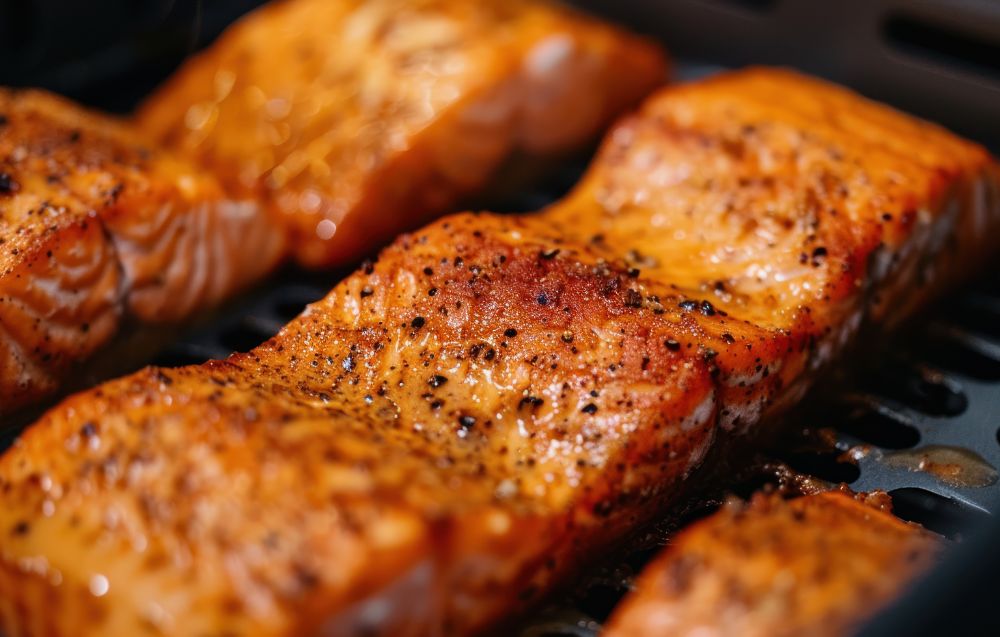 Perfectly cooked frozen salmon in an air fryer served with lemon slices and fresh herbs.