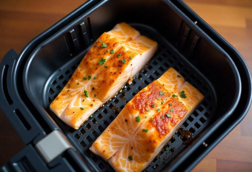 Golden and crispy frozen fish cooked perfectly in an air fryer, served on a plate with lemon slices.