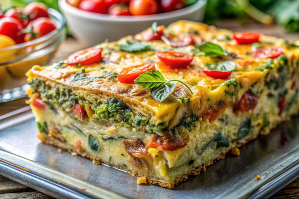A golden-brown gluten-free breakfast casserole topped with melted cheese and fresh herbs, served in a baking dish.