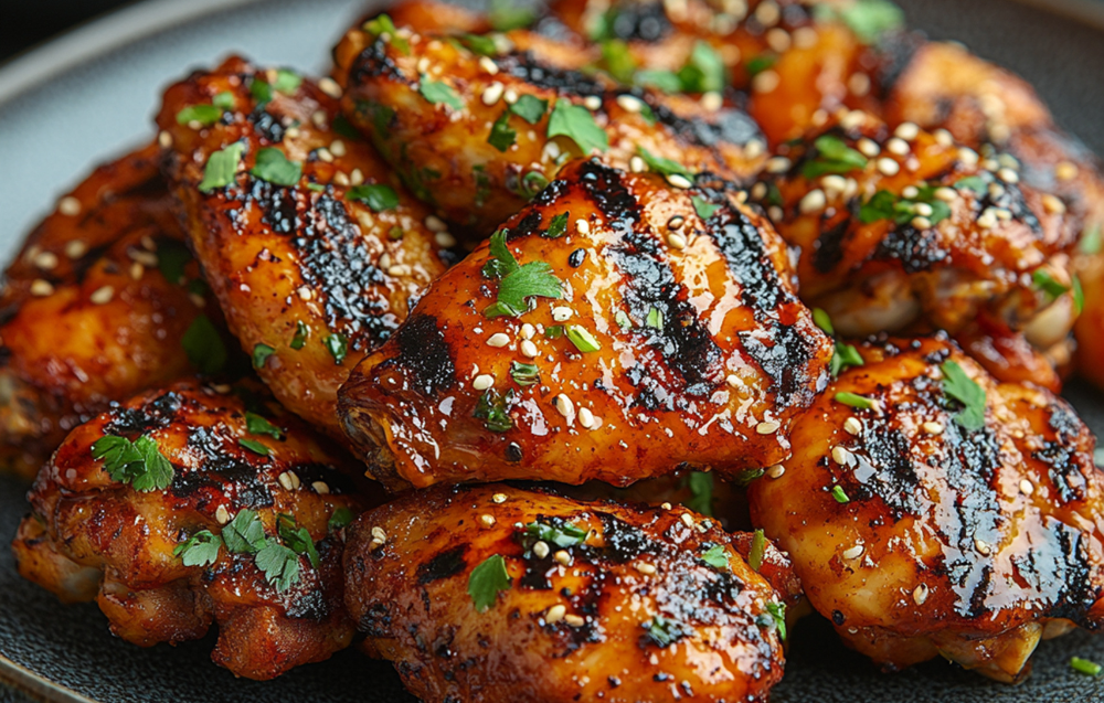 Close-up of golden-brown grilled chicken wings, garnished with herbs and served on a rustic wooden platter.