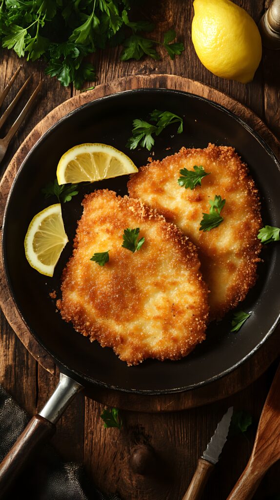 Pan-seared calamari steak garnished with fresh herbs and a drizzle of olive oil, showcasing its golden, crispy exterior.