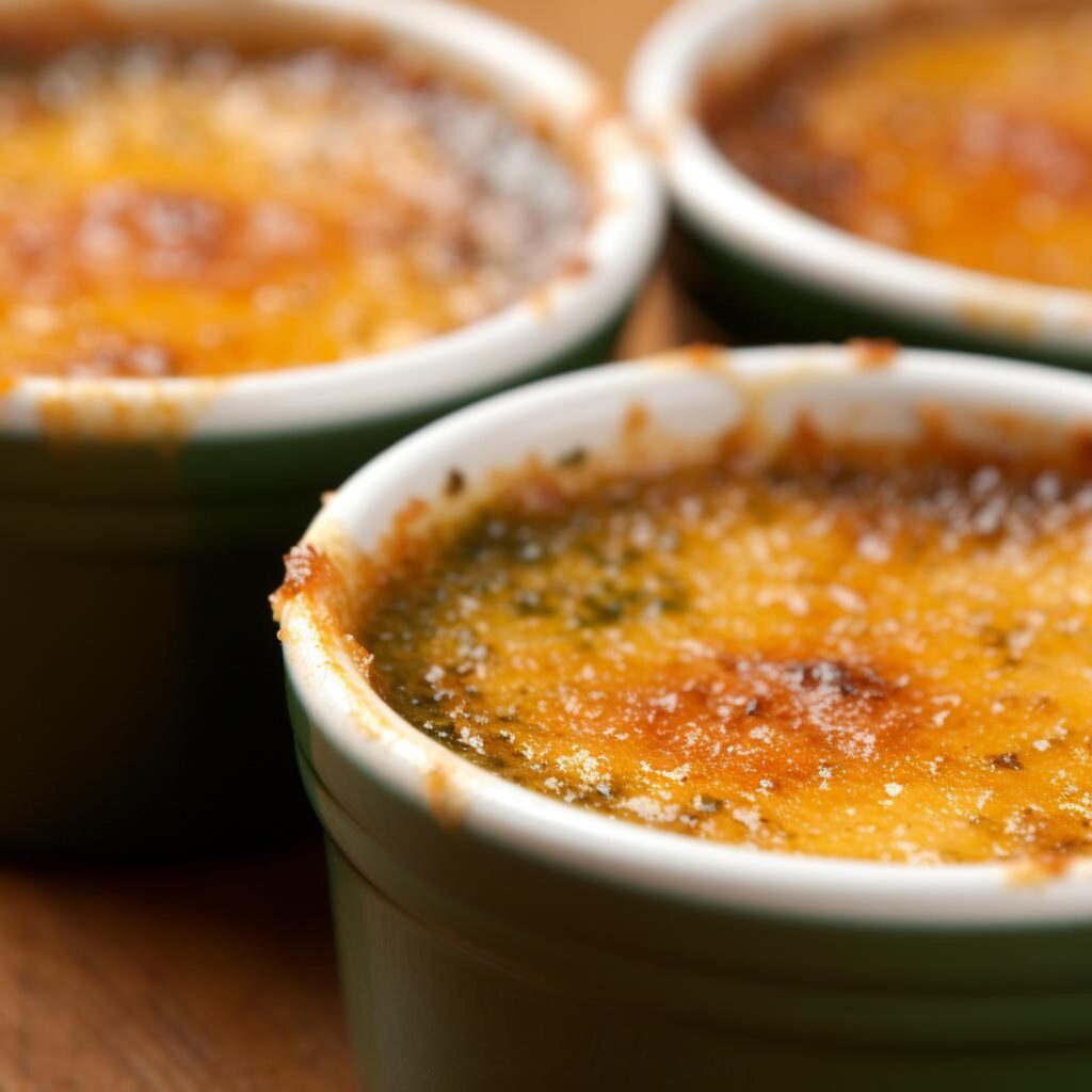 A luxurious crab brulee recipe served in a ramekin with a golden caramelized crust, garnished with fresh herbs.