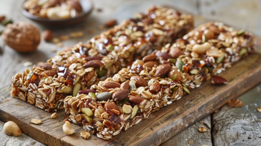 Close-up of a granola bar and a protein bar on a wooden table, showcasing their textures and ingredients.