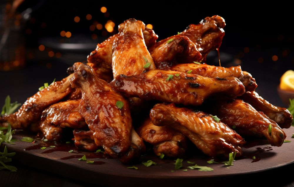 Golden-brown chicken wings cooking over hot grill flames, ready to serve
