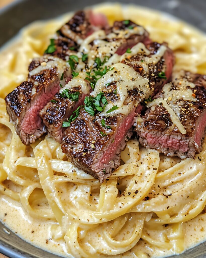 Hearty steak pasta dish with a creamy garlic sauce, topped with perfectly seared steak slices.
