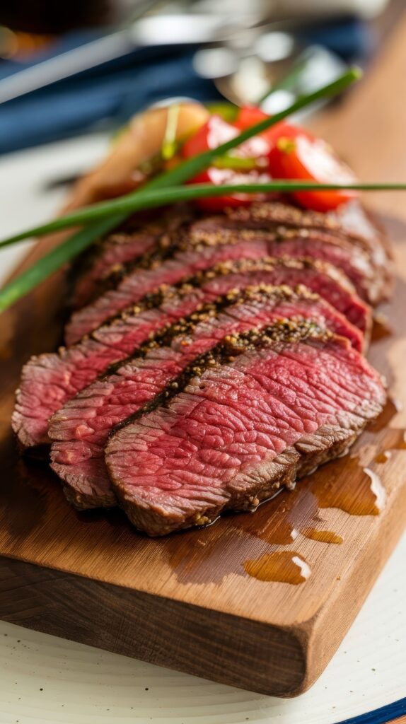 Juicy Teres Major Steak grilled to perfection, served with fresh herbs and a side of roasted vegetables.