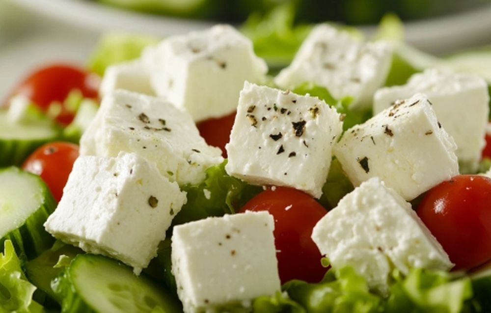 Delicious feta cheese cubes in a bowl, paired with olives and a drizzle of olive oil, highlighting its health benefits and versatility.