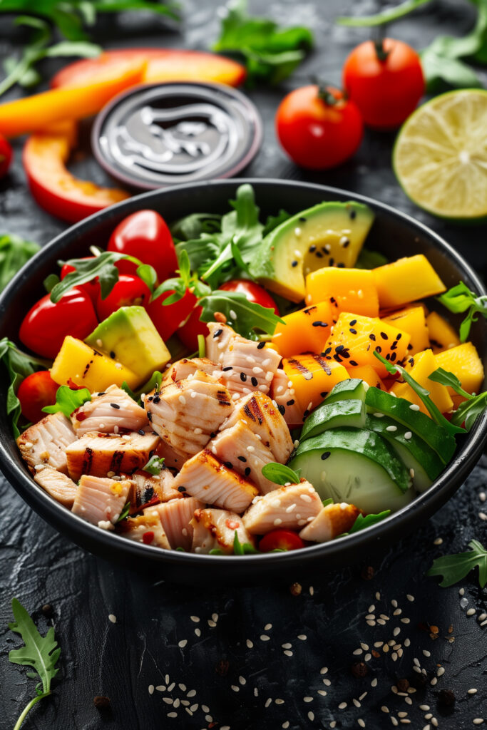 vibrant salmon bowls featuring perfectly cooked salmon, fresh avocado slices, shredded carrots, and a bed of quinoa, garnished with sesame seeds