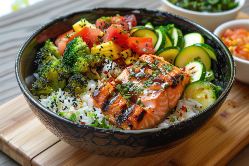 Delicious baked salmon flakes served on a bed of fluffy rice, garnished with sesame seeds and fresh vegetables for a healthy meal.