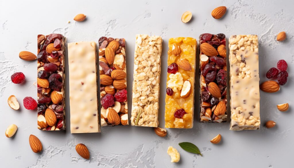 A colorful assortment of fresh vegan snacks, including fruits, nuts, and hummus, served on a wooden tray.