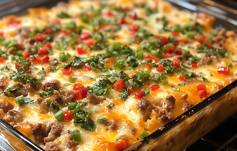 A slice of gluten-free breakfast casserole with layers of eggs, vegetables, and cheese on a white plate, ready to be enjoyed.