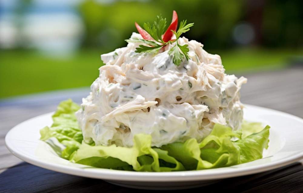 Homemade Chicken Salad Chick recipe with a perfect balance of creamy and crunchy textures on a rustic wooden table.