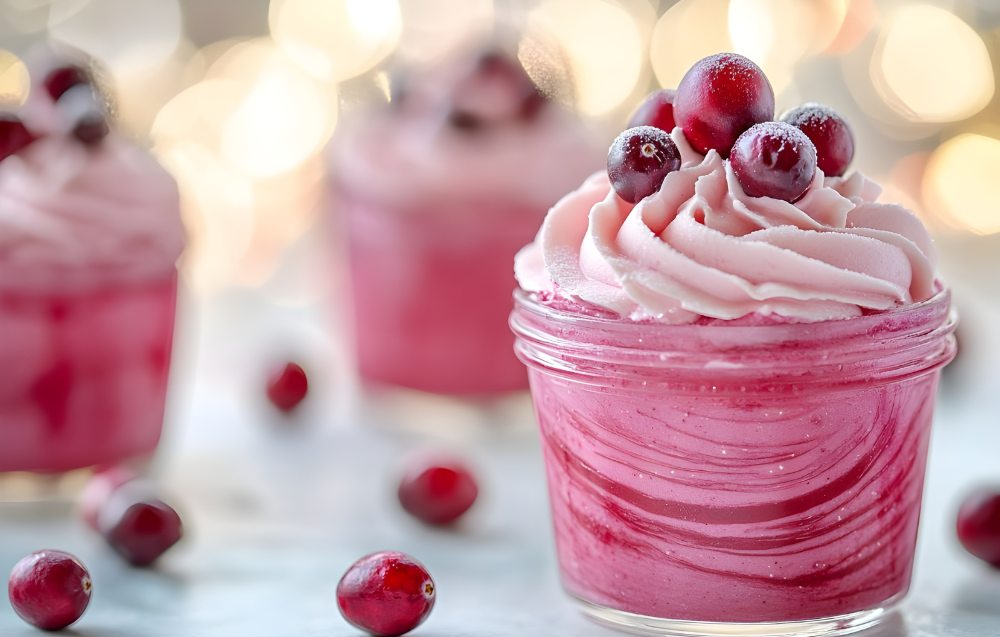 beautifully arranged Cream Berry Fairy dessert with strawberries, raspberries.