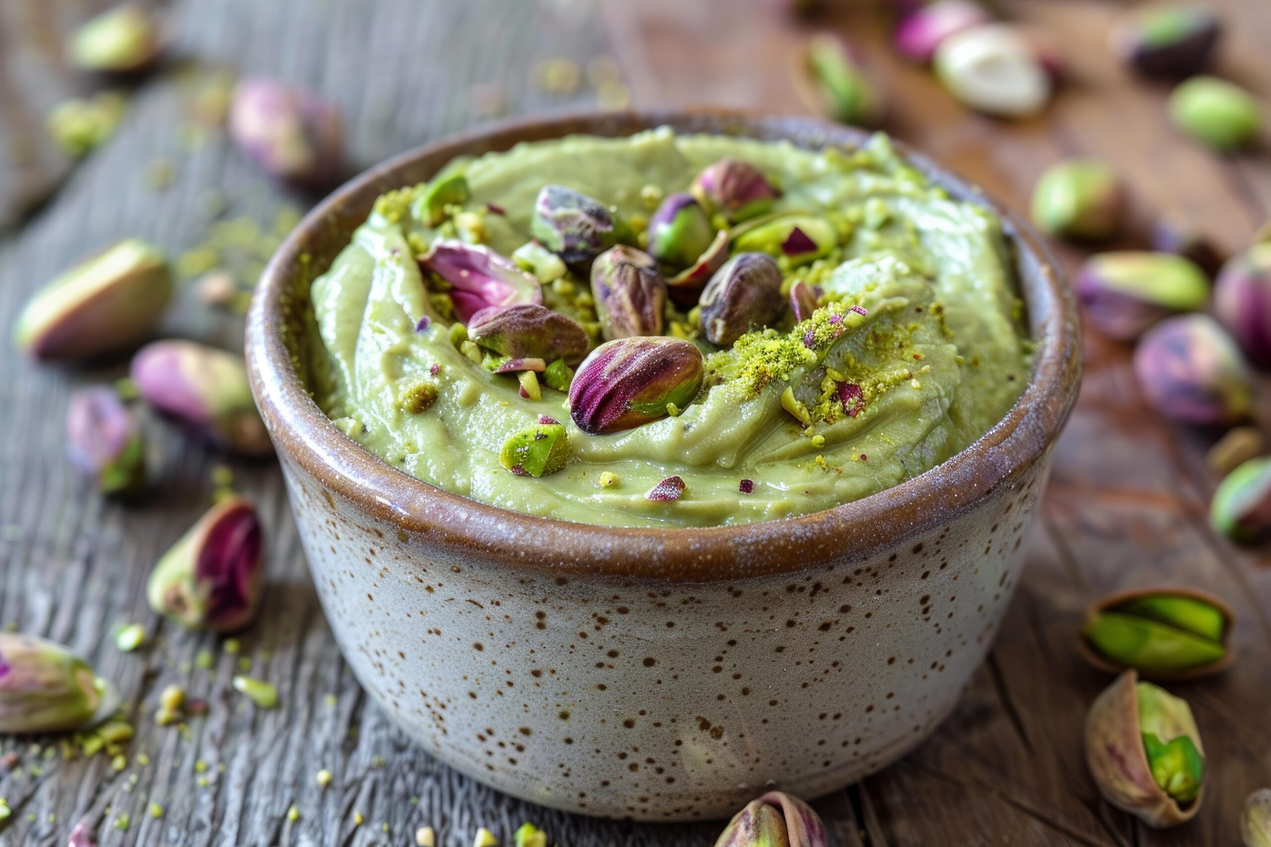 Rich and smooth pistachio cream with a vibrant green hue, perfect for desserts and recipes.