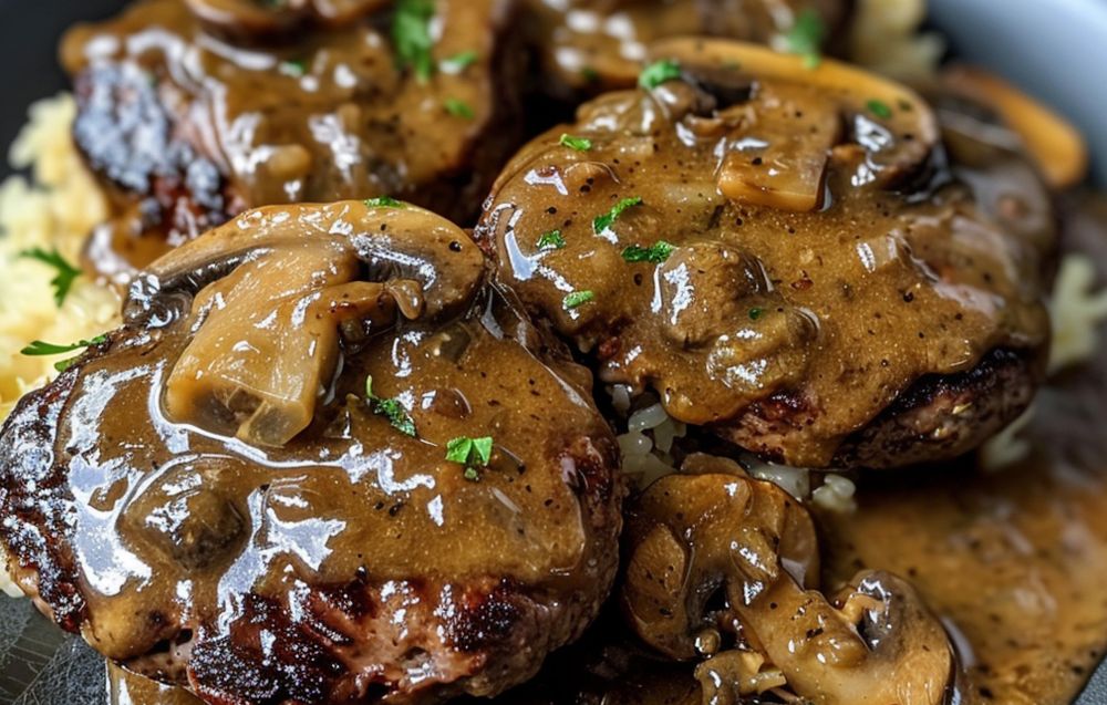 Homemade Salisbury steak recipe with tender beef patties topped with caramelized onion gravy