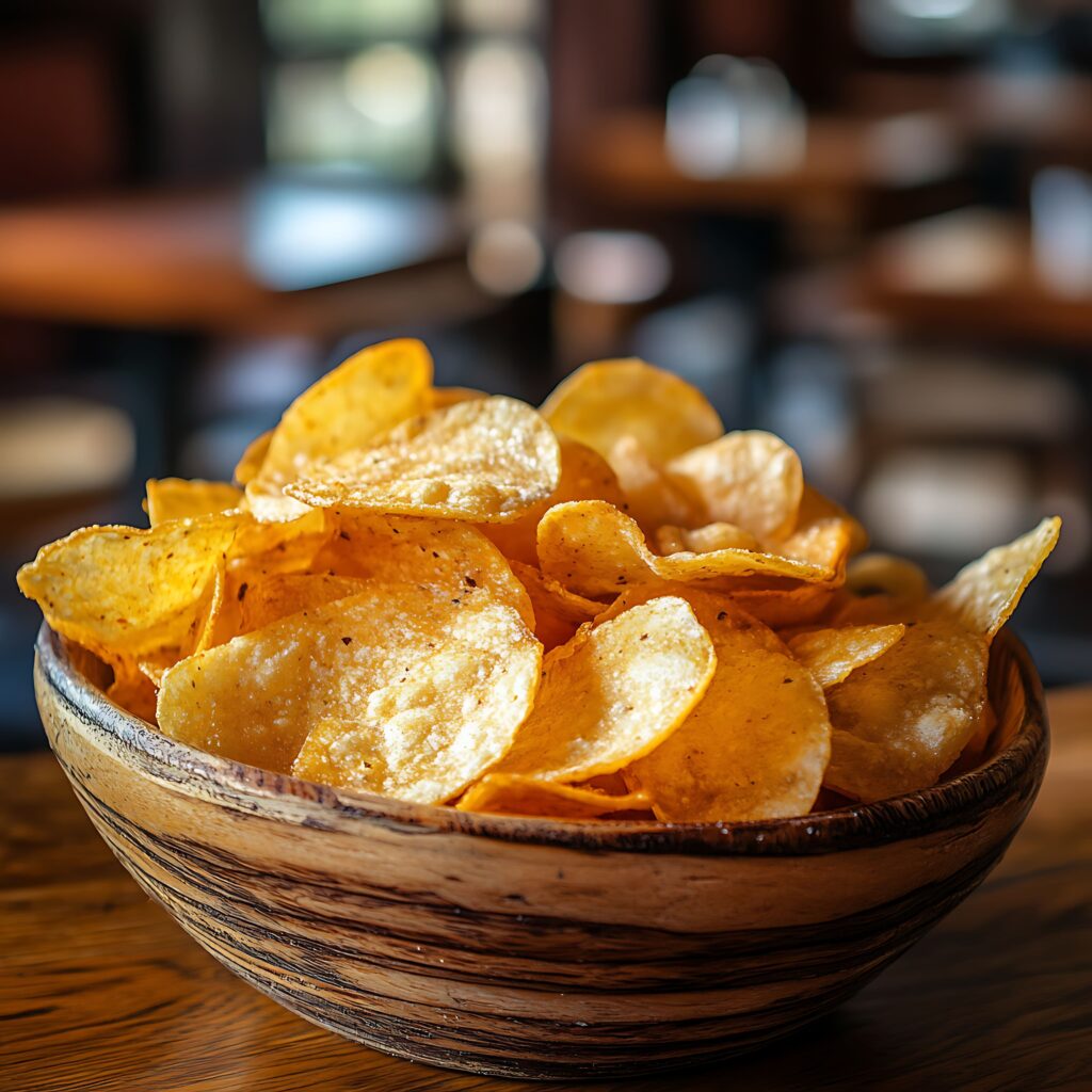 A bowl of homemade spicy chips seasoned with vibrant chili powder and paprika, perfect for a fiery snack.