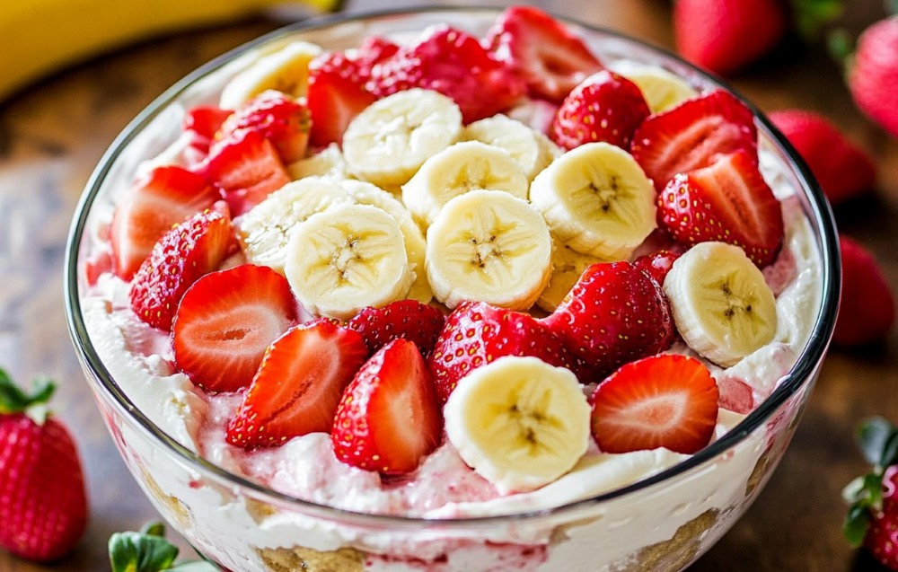 Close-up of homemade strawberry banana pudding topped with fresh strawberries, bananas, and a sprinkle of crushed cookies for garnish.