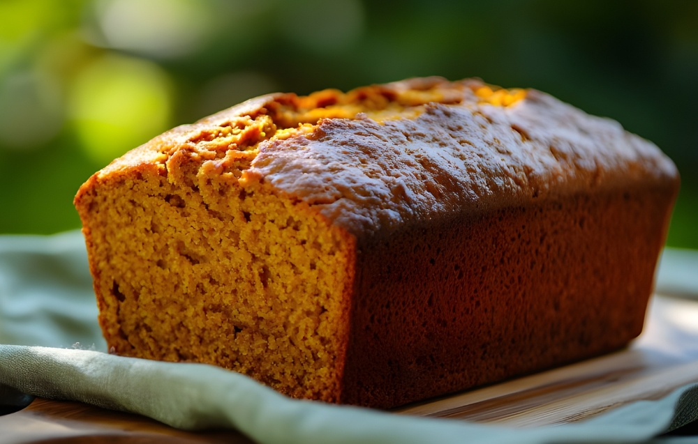 A freshly baked loaf of sweet potato bread on a wooden cutting board, sliced to reveal its moist, orange interior, with a sprinkle of cinnamon on top and a rustic kitchen backdrop