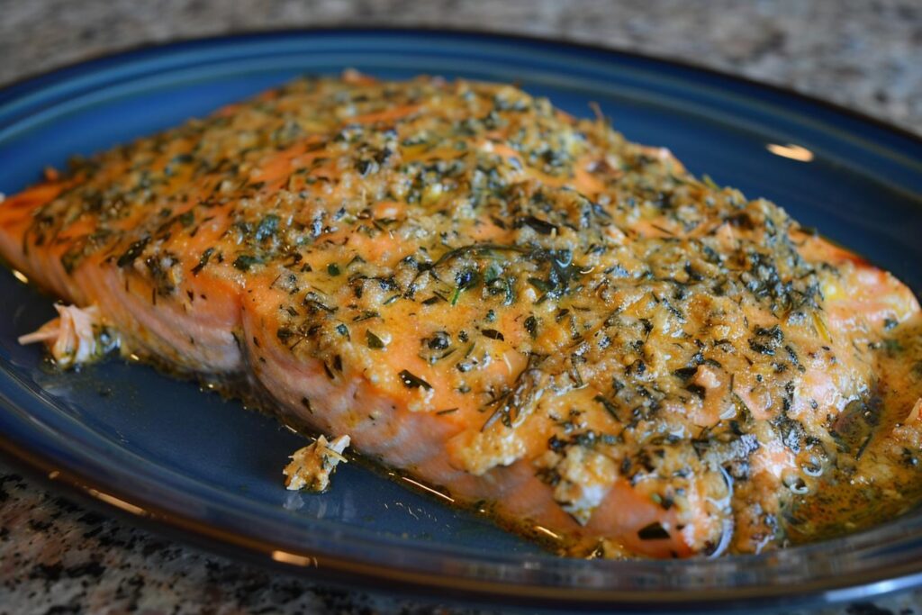 Freshly baked salmon fillet on a tray with lemon slices and herbs, illustrating how long to bake salmon at 350 degrees Fahrenheit.