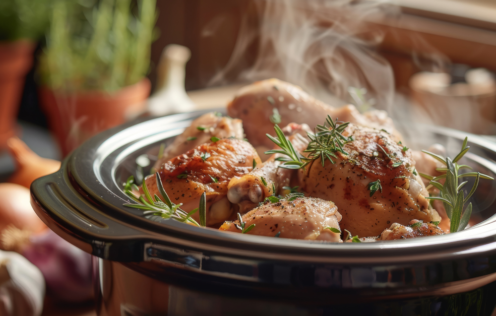A slow cooker filled with frozen chicken thighs, seasoned and ready to be cooked for a delicious lunch.