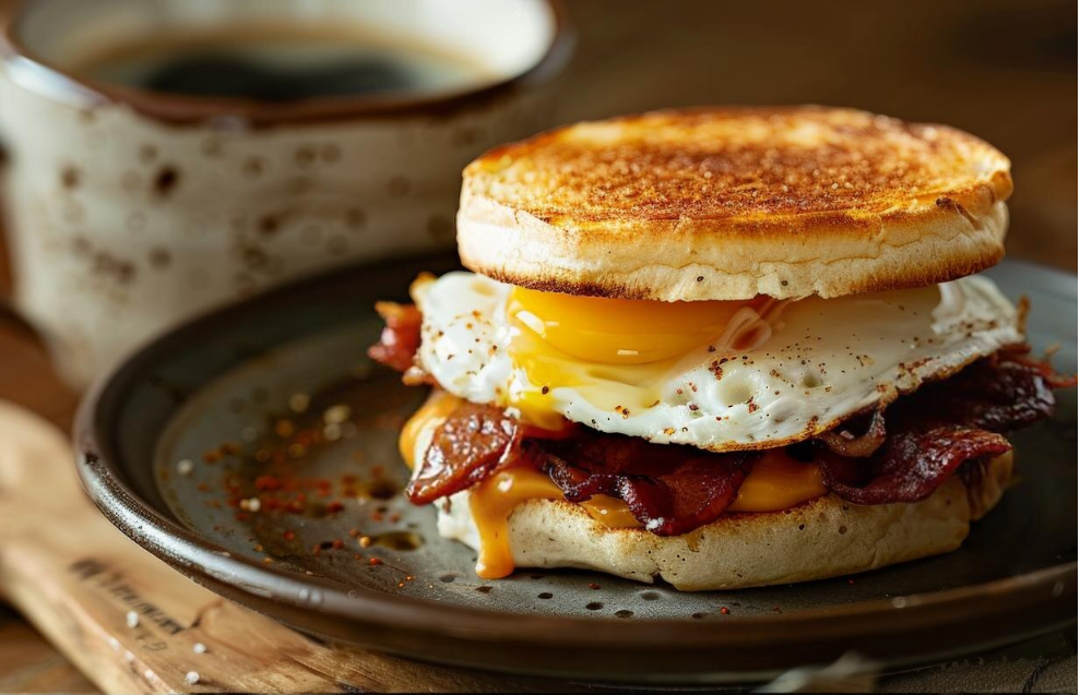 Step-by-step preparation of a Jimmy Dean breakfast sandwich using an air fryer, with the sandwich layered and ready to eat.