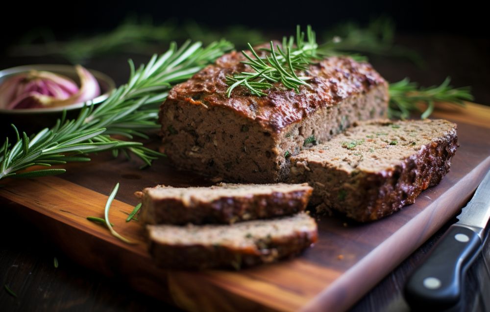 The ultimate moist meatloaf served on a plate with a rich glaze and garnished with fresh herbs.
