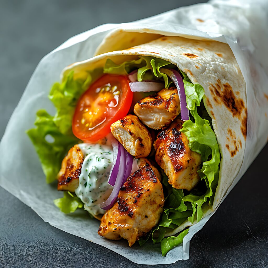 Hands folding a tortilla step-by-step to show how do you rap a chicken wrap, with vibrant ingredients spilling out.