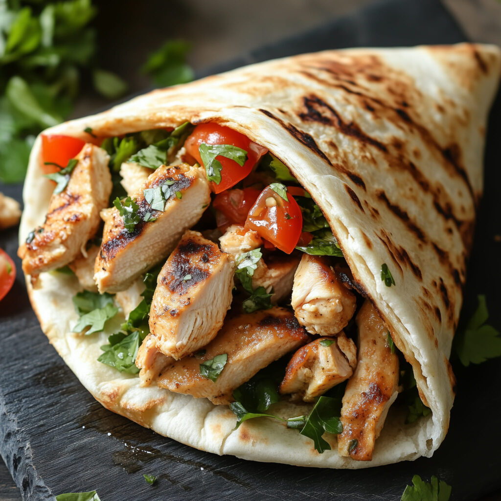 Close-up of a chicken wrap sliced in half, showing layers of chicken, veggies, and sauce inside a tortilla.