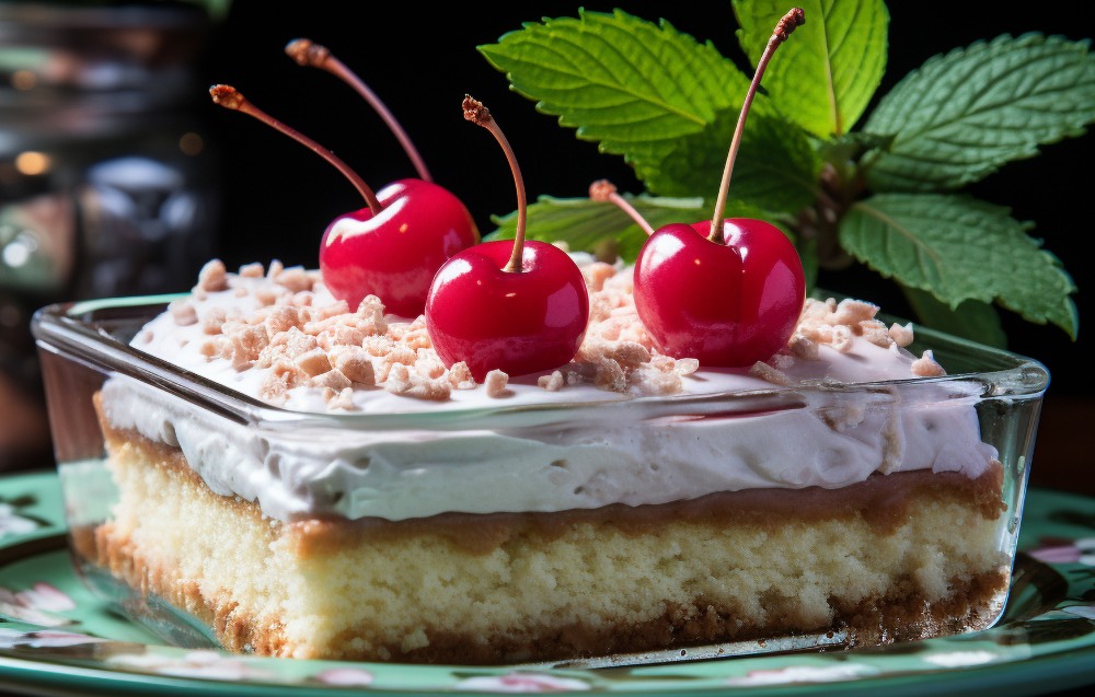 A beautifully presented banana split cake showcasing vibrant fruit layers, creamy whipped topping, and chopped nuts on a dessert plate.