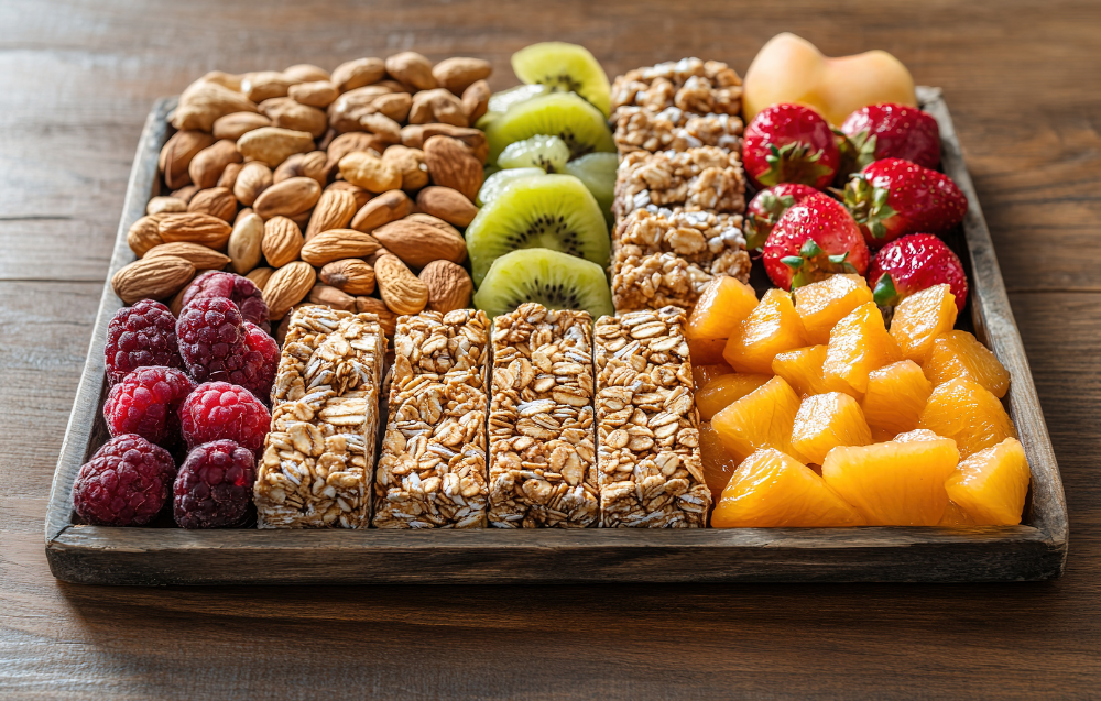 A vibrant platter of vegan snacks featuring avocado toast, roasted chickpeas, and fresh vegetables.