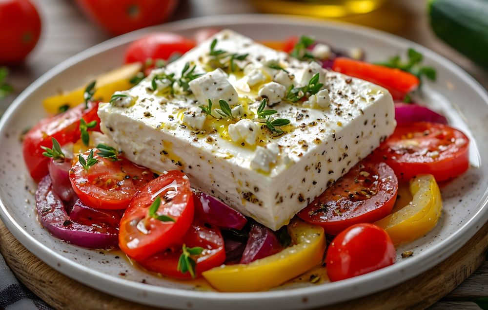 Authentic feta cheese on a wooden board, paired with herbs and a drizzle of olive oil, highlighting its Mediterranean origins.