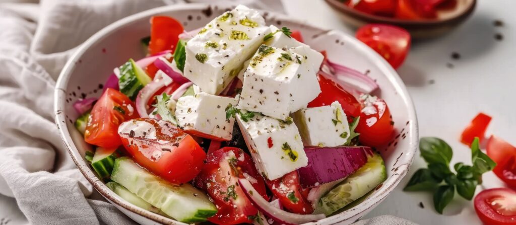 A close-up of crumbled feta cheese on a wooden board, surrounded by fresh herbs and tomatoes, showcasing its Mediterranean appeal.