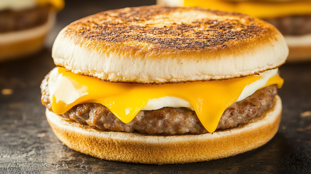 A freshly heated Jimmy Dean breakfast sandwich with a fluffy egg patty and savory sausage on an English muffin.