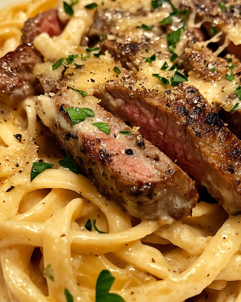 A plate of perfectly seared steak slices served over a bed of creamy fettuccine Alfredo, garnished with fresh parsley and Parmesan cheese.