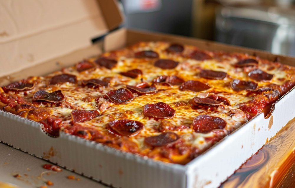 Freshly prepared Little Caesars Lunch Combo with four Deep! Deep! Dish Pizza slices and a refreshing soda.