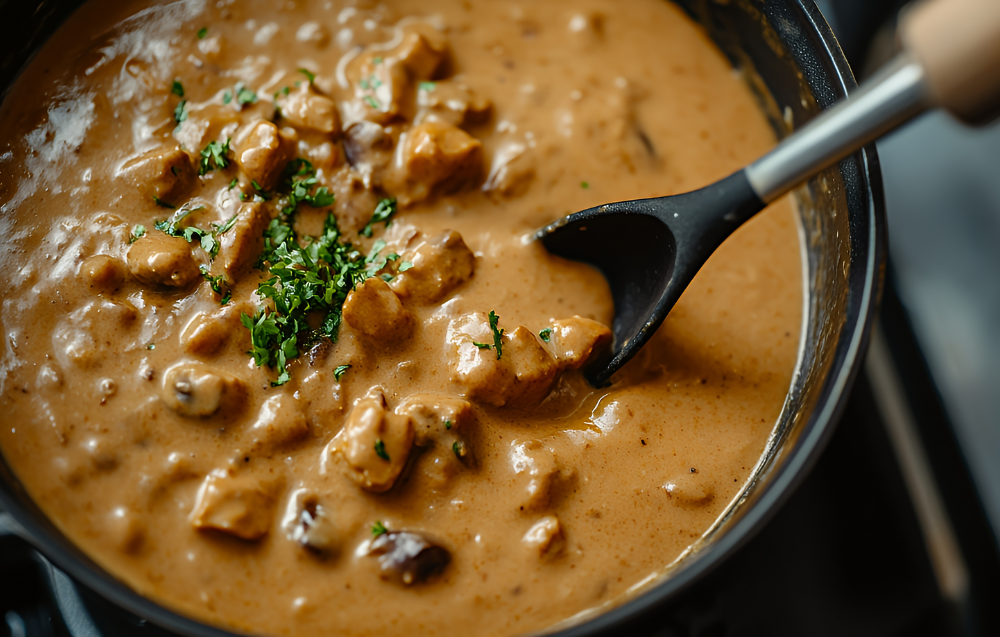 A steaming bowl of Marry Me Chicken Soup, featuring tender chicken, creamy broth, and fresh herbs, served with crusty bread on the side.
