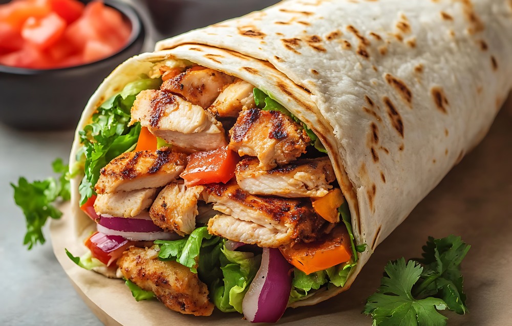 perfectly wrapped chicken wrap demonstrating how do you rap a chicken wrap, filled with grilled chicken, fresh vegetables, and savory sauce.