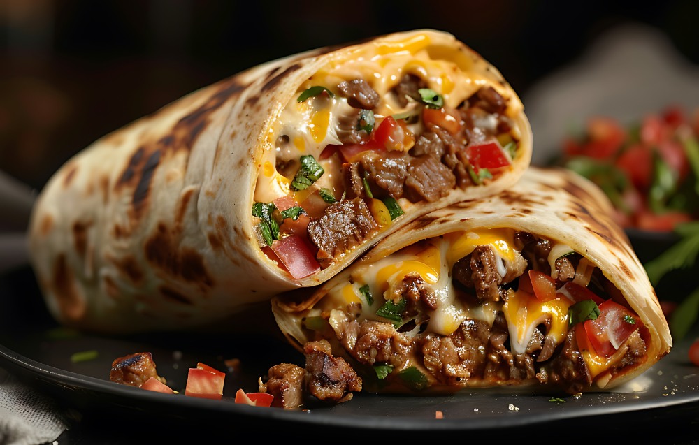Delicious grilled cheese burrito sliced in half, showcasing gooey melted cheese and layers of flavorful ingredients.
