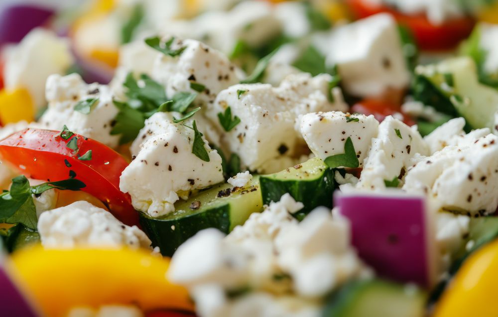 Crumbled feta cheese in a white bowl, paired with olives, tomatoes, and fresh basil, highlighting its role in Mediterranean-inspired dishes.