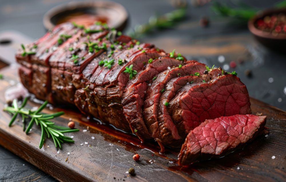 Tender Teres Major Steak pan-seared in a cast-iron skillet, topped with garlic and rosemary, ready to serve.