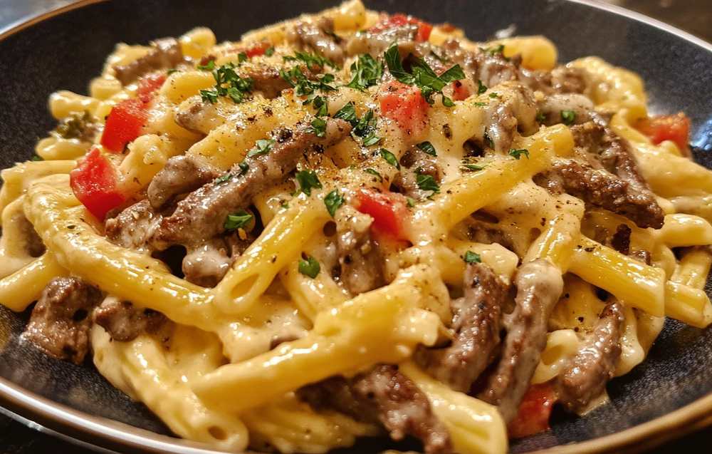 Perfectly cooked steak and pasta served together with a side of vegetables on a rustic table.