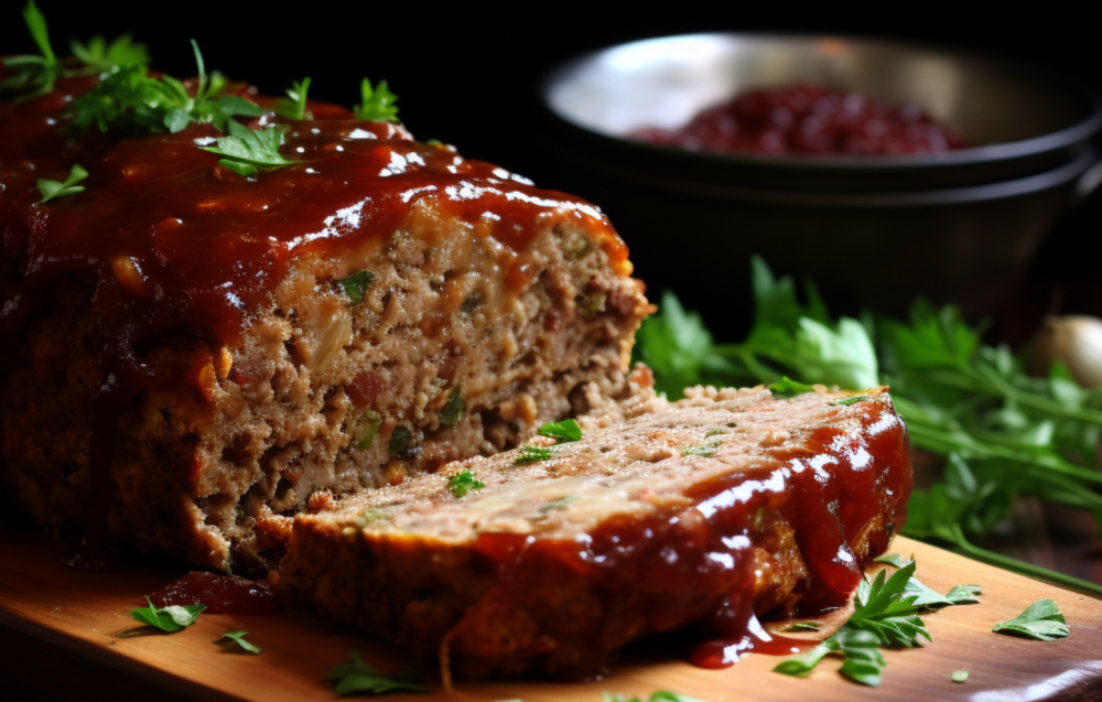 Perfectly smoked meatloaf topped with BBQ sauce, showcasing a tender, flavorful interior
