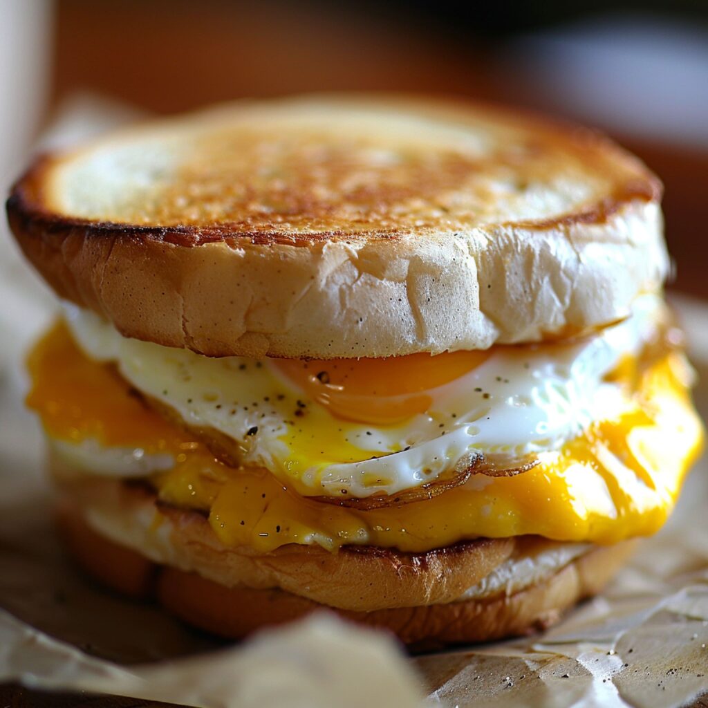 A freshly cooked Jimmy Dean breakfast sandwich with melted cheese, crispy sausage, and a golden biscuit on a plate.