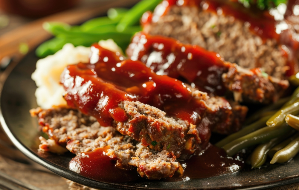 A golden-brown meatloaf sauce recipe with a thick, caramelized homemade sauce, garnished with fresh parsley, sitting on a rustic wooden cutting board.