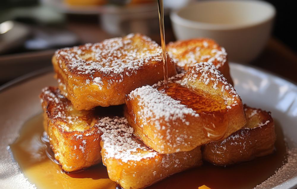 Stack of fluffy Hawaiian Roll French Toast garnished with powdered sugar and served with a side of fresh fruit.