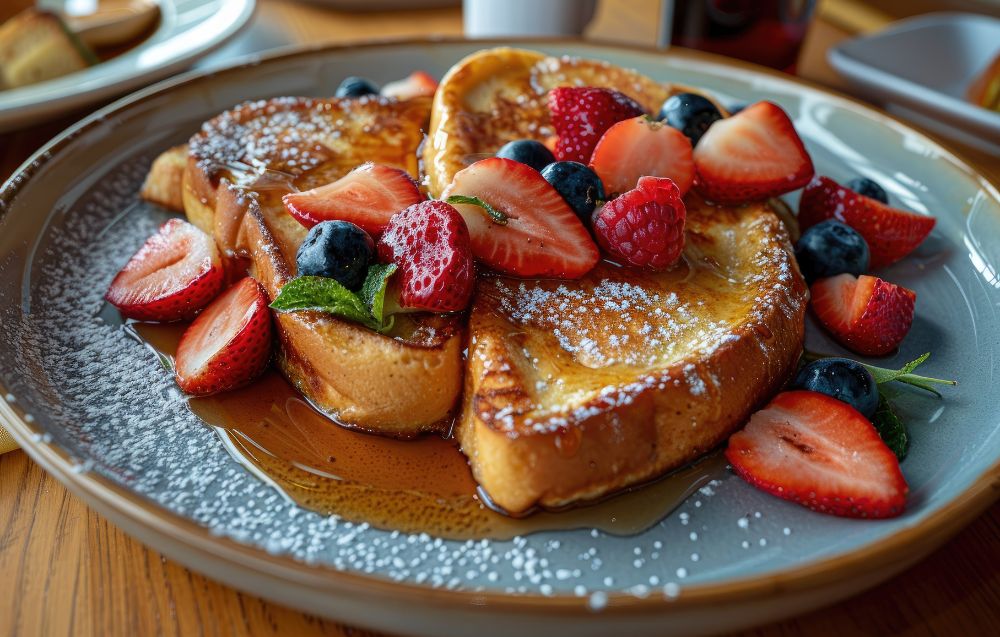 A close-up of crispy sourdough French toast with powdered sugar and a side of sliced fruit.